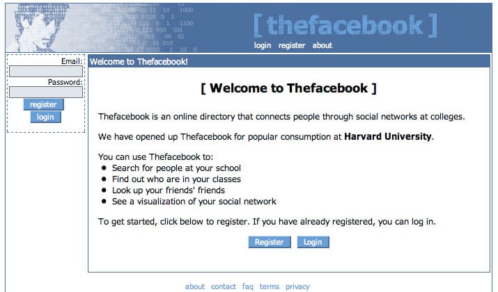 페이스북 초창기 서비스 화면